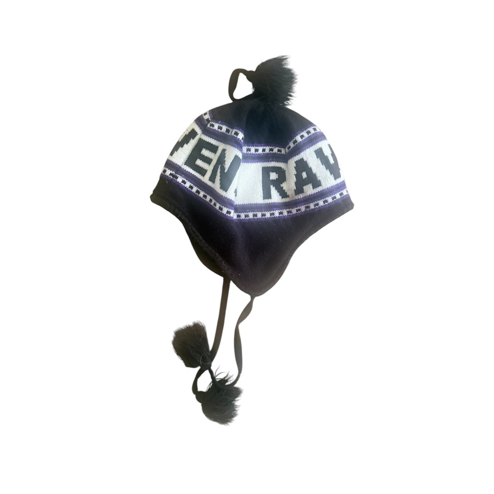 NFL Shop Baltimore Ravens Knit Earflap Hat Beanie Pom Tassels Purple Black OSFM - Picture 4 of 6